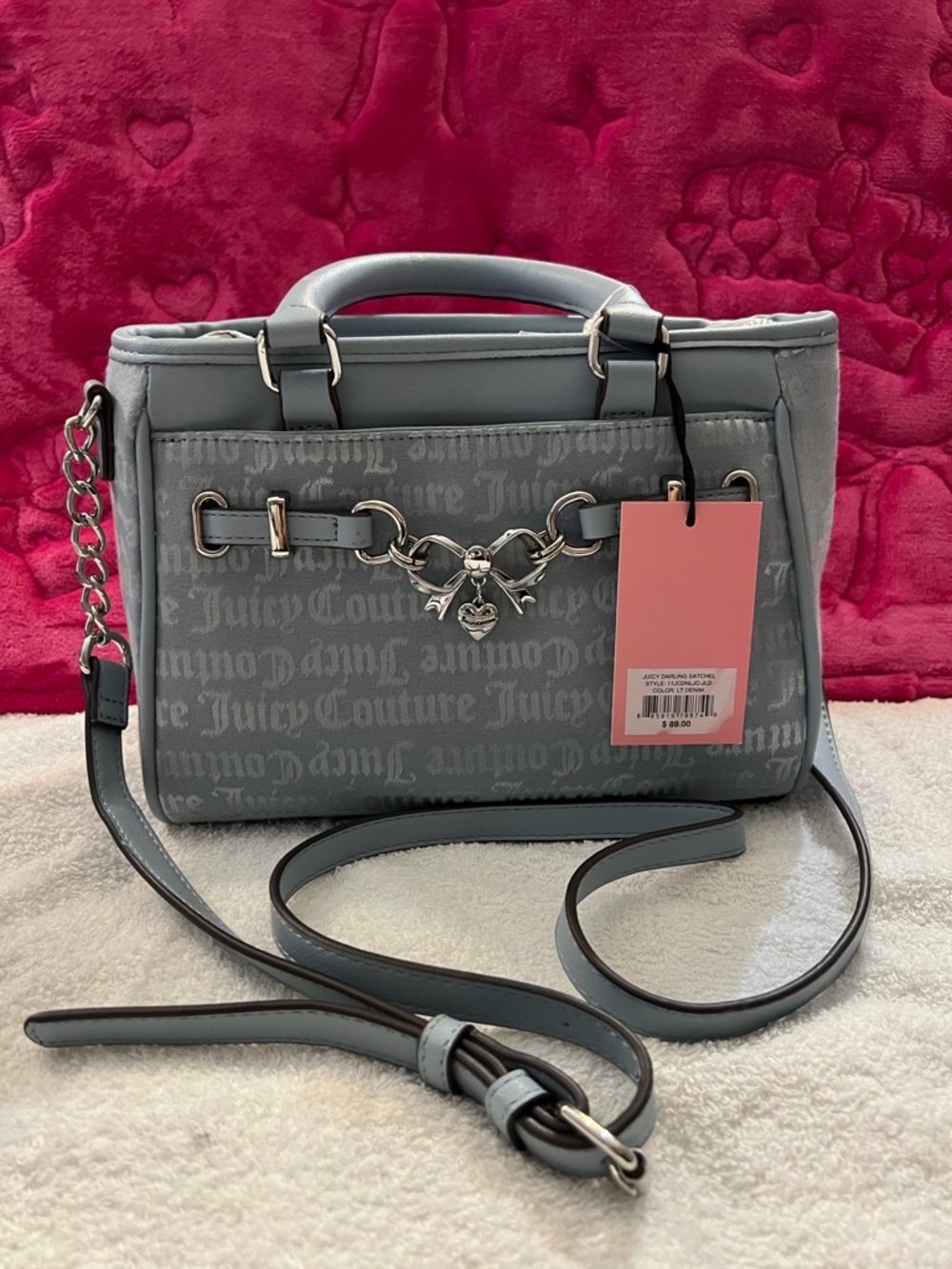 Juicy Couture Light Gray Logo Crossbody Satchel with Chain Accent